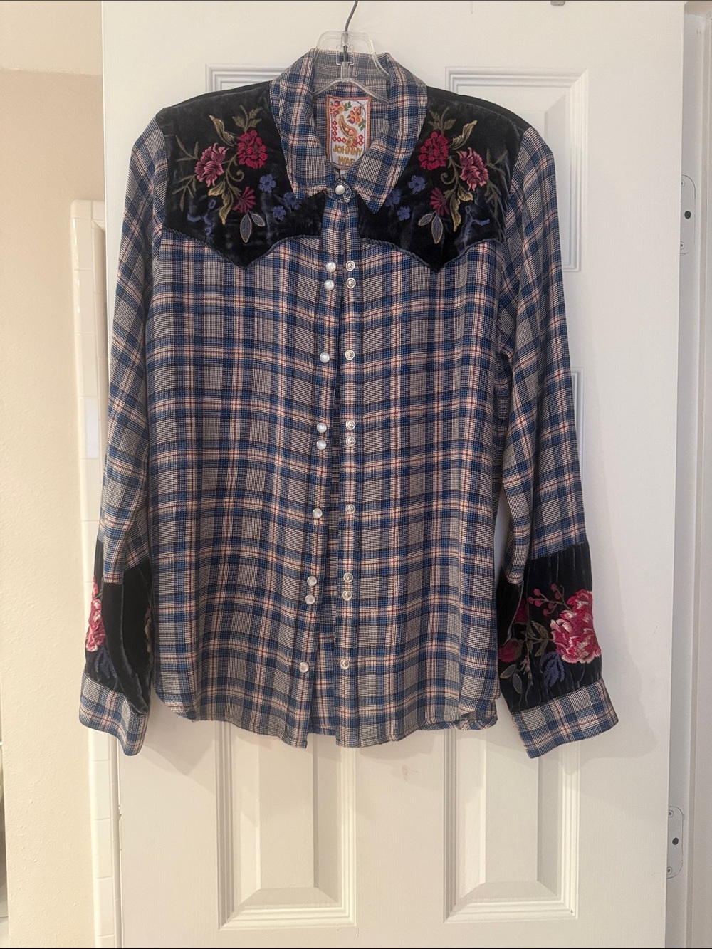 Johnny Was Blue and Black Plaid Embroidered Velvet-Yoke Shirt